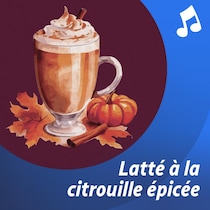 Une illustration d'un café entouré de feuilles d'automne et d'une petite citrouille.