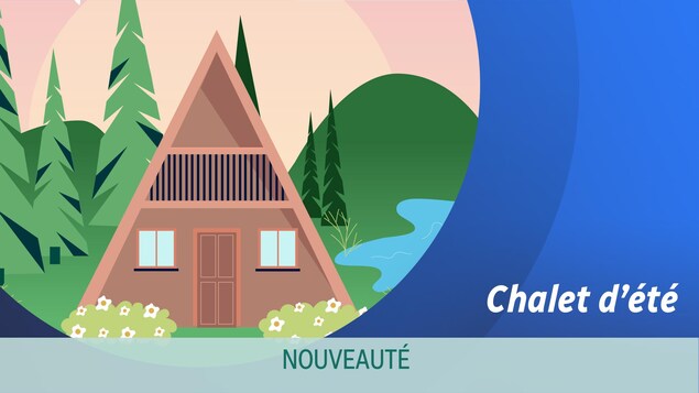 Une illustration d'un chalet triangulaire dans un payasge estival de campagne. 